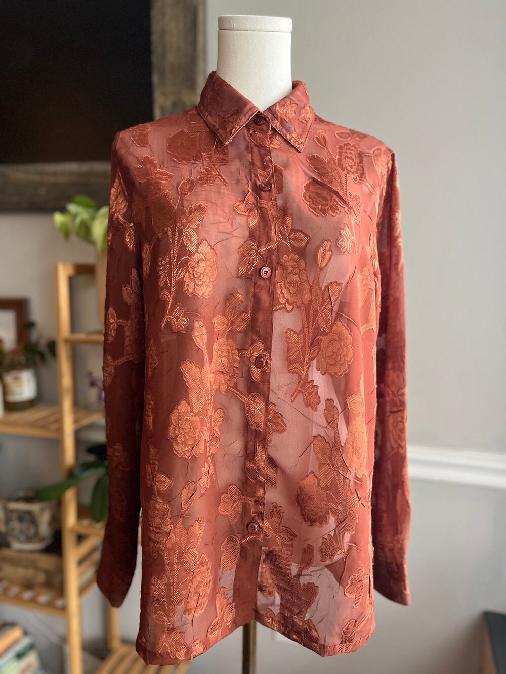 Vintage Y2K Sheer Button Down Blouse Burnt Orange Floral Size Medium